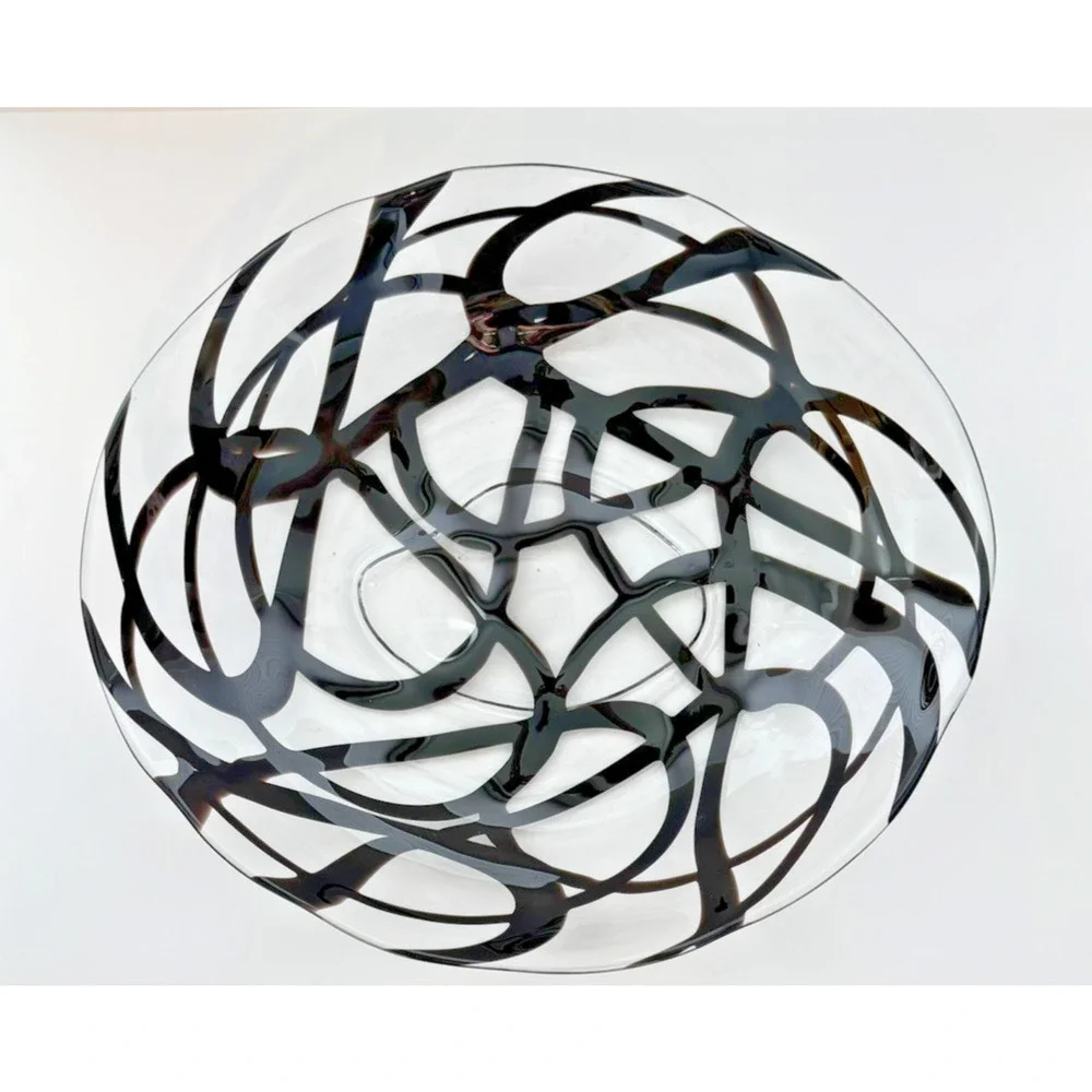 Vintage IKEA Firenze Art Glass Bowl by Martin Bergstrom Handblown Black Swirl